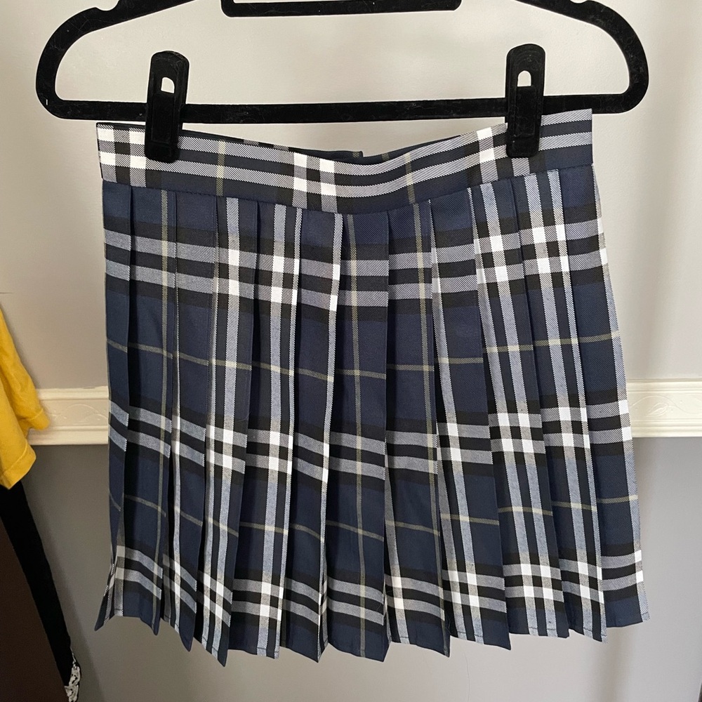 Blue and White Pleated Mini Skater Skirt